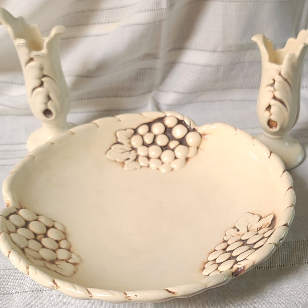 Vintage Red Wing Pottery - Pompeii 10" Bowl and Acanthus 6" Candlestick Holders